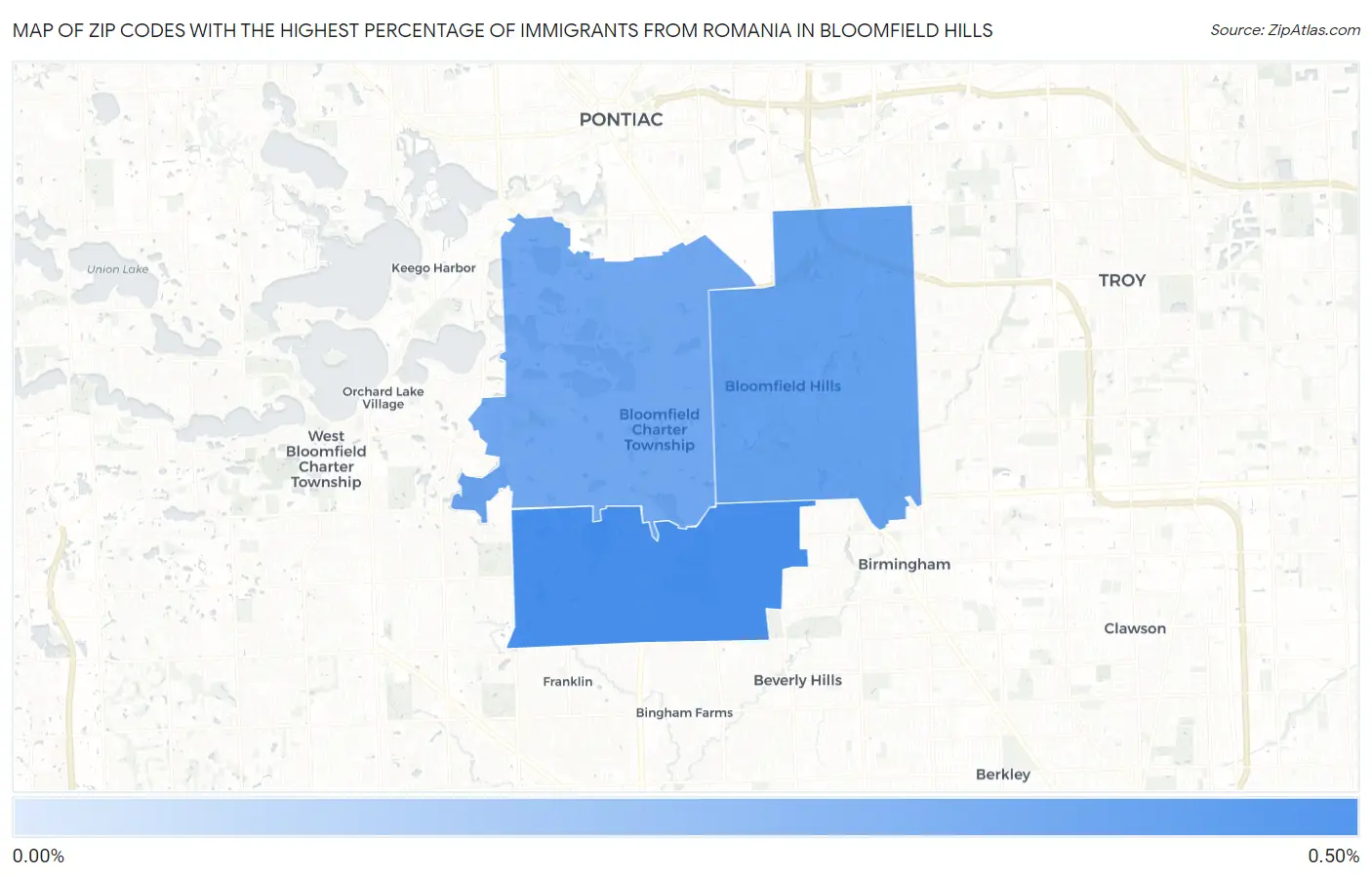 Zip Codes with the Highest Percentage of Immigrants from Romania in Bloomfield Hills Map