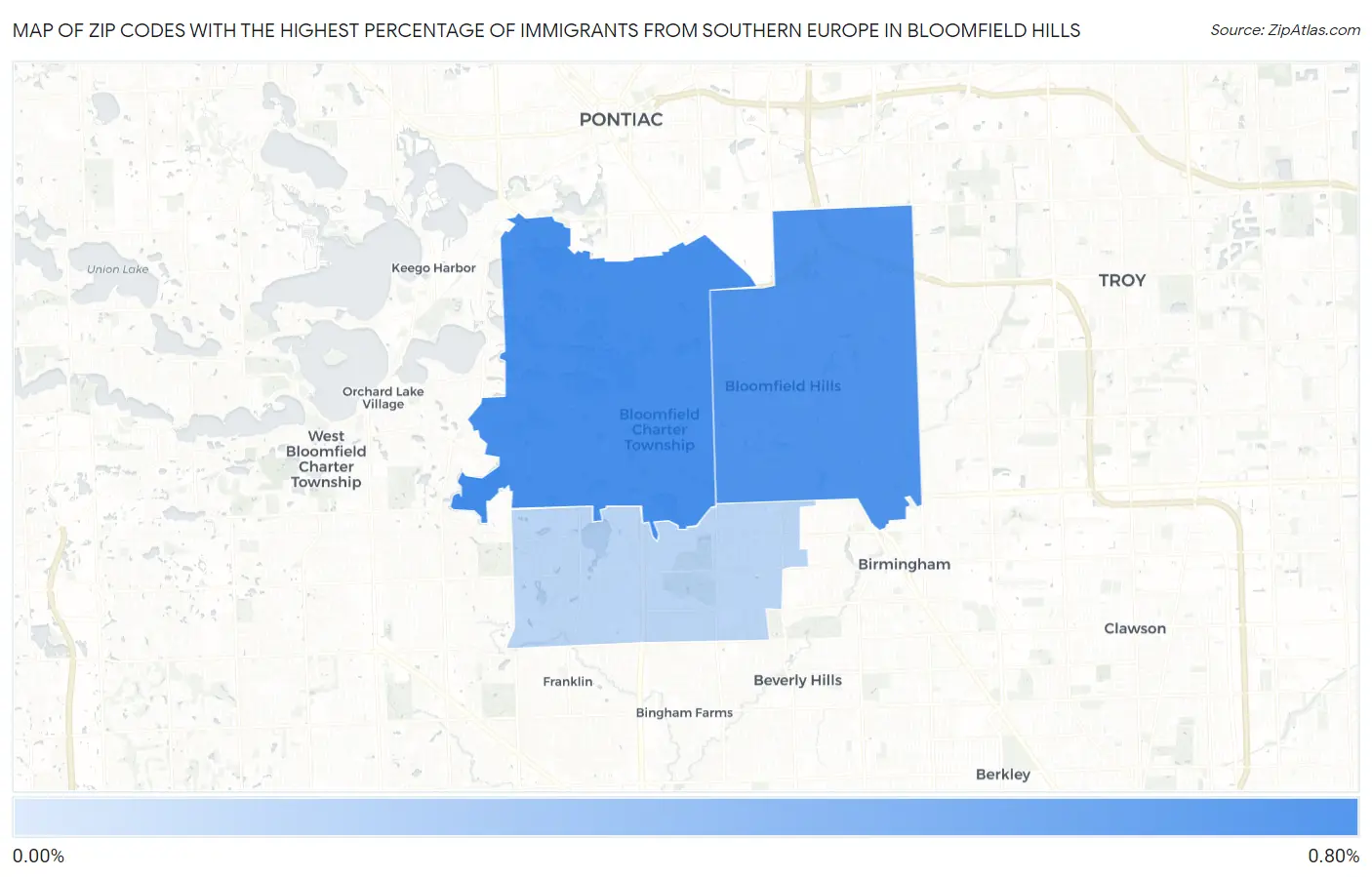 Zip Codes with the Highest Percentage of Immigrants from Southern Europe in Bloomfield Hills Map