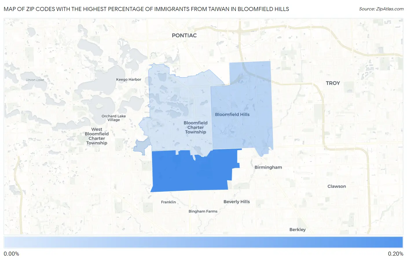 Zip Codes with the Highest Percentage of Immigrants from Taiwan in Bloomfield Hills Map