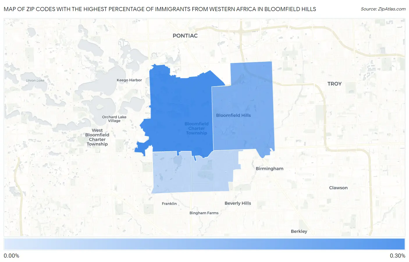 Zip Codes with the Highest Percentage of Immigrants from Western Africa in Bloomfield Hills Map