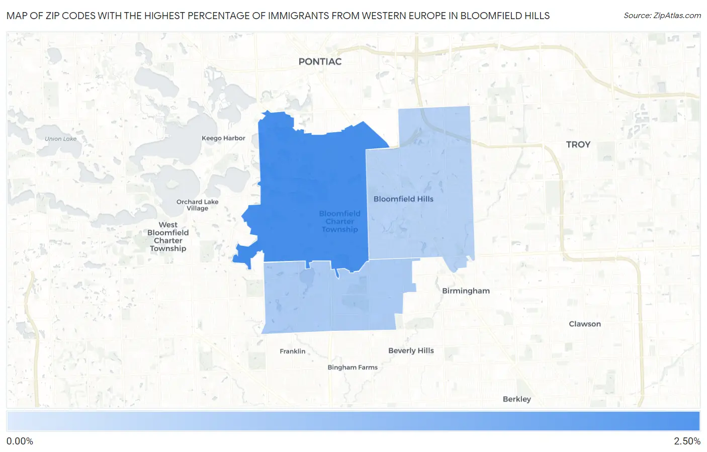 Zip Codes with the Highest Percentage of Immigrants from Western Europe in Bloomfield Hills Map