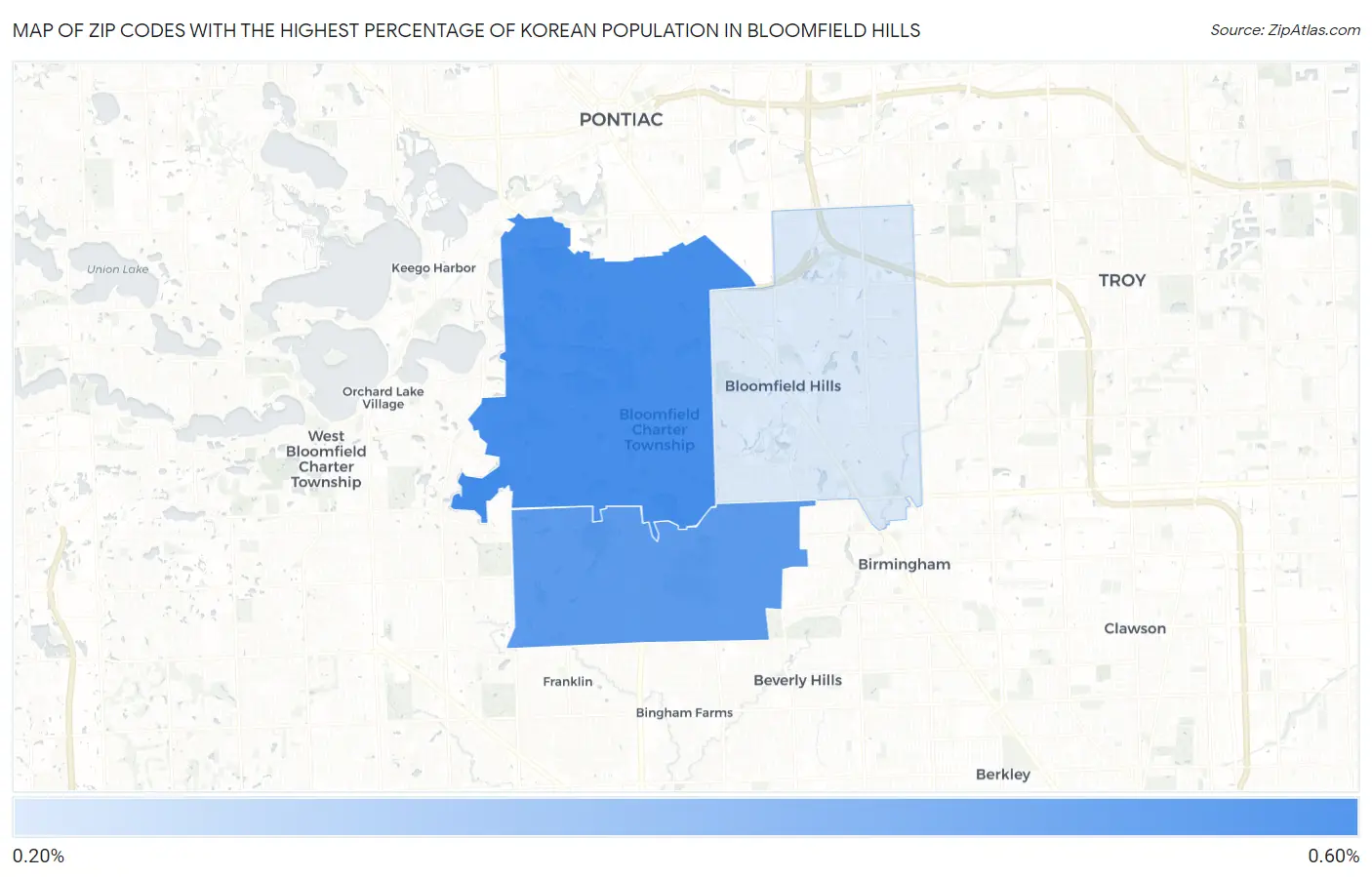 Zip Codes with the Highest Percentage of Korean Population in Bloomfield Hills Map