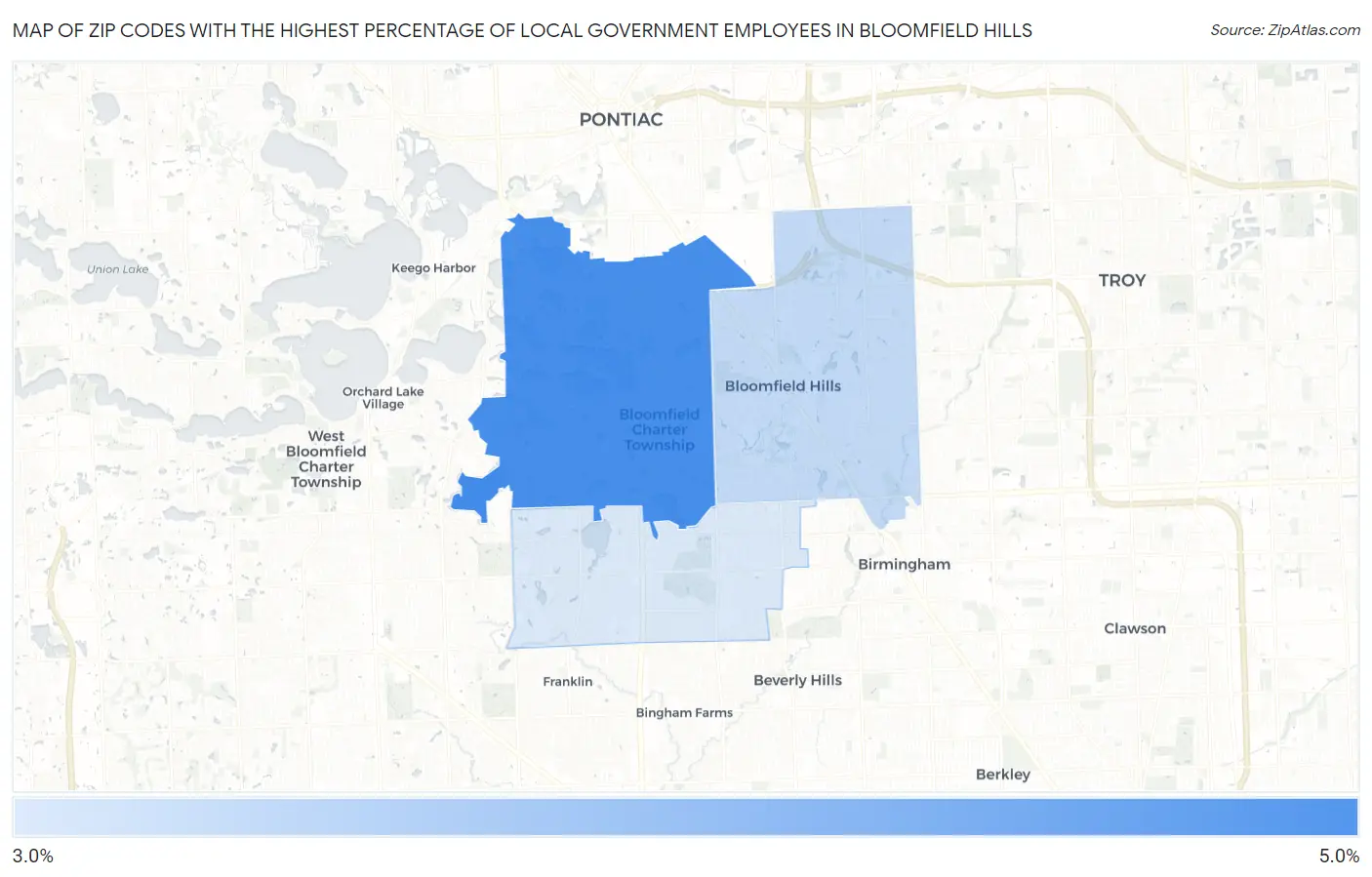 Zip Codes with the Highest Percentage of Local Government Employees in Bloomfield Hills Map