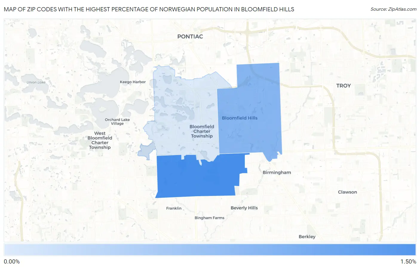 Zip Codes with the Highest Percentage of Norwegian Population in Bloomfield Hills Map