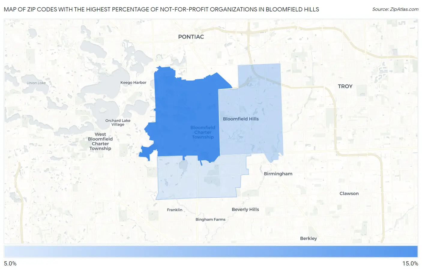 Zip Codes with the Highest Percentage of Not-for-profit Organizations in Bloomfield Hills Map
