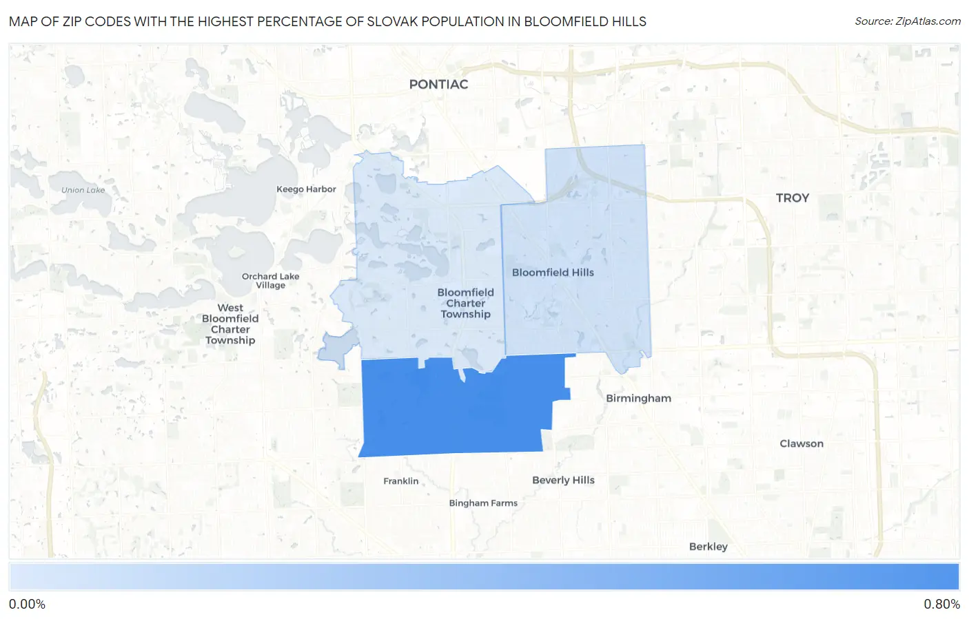 Zip Codes with the Highest Percentage of Slovak Population in Bloomfield Hills Map