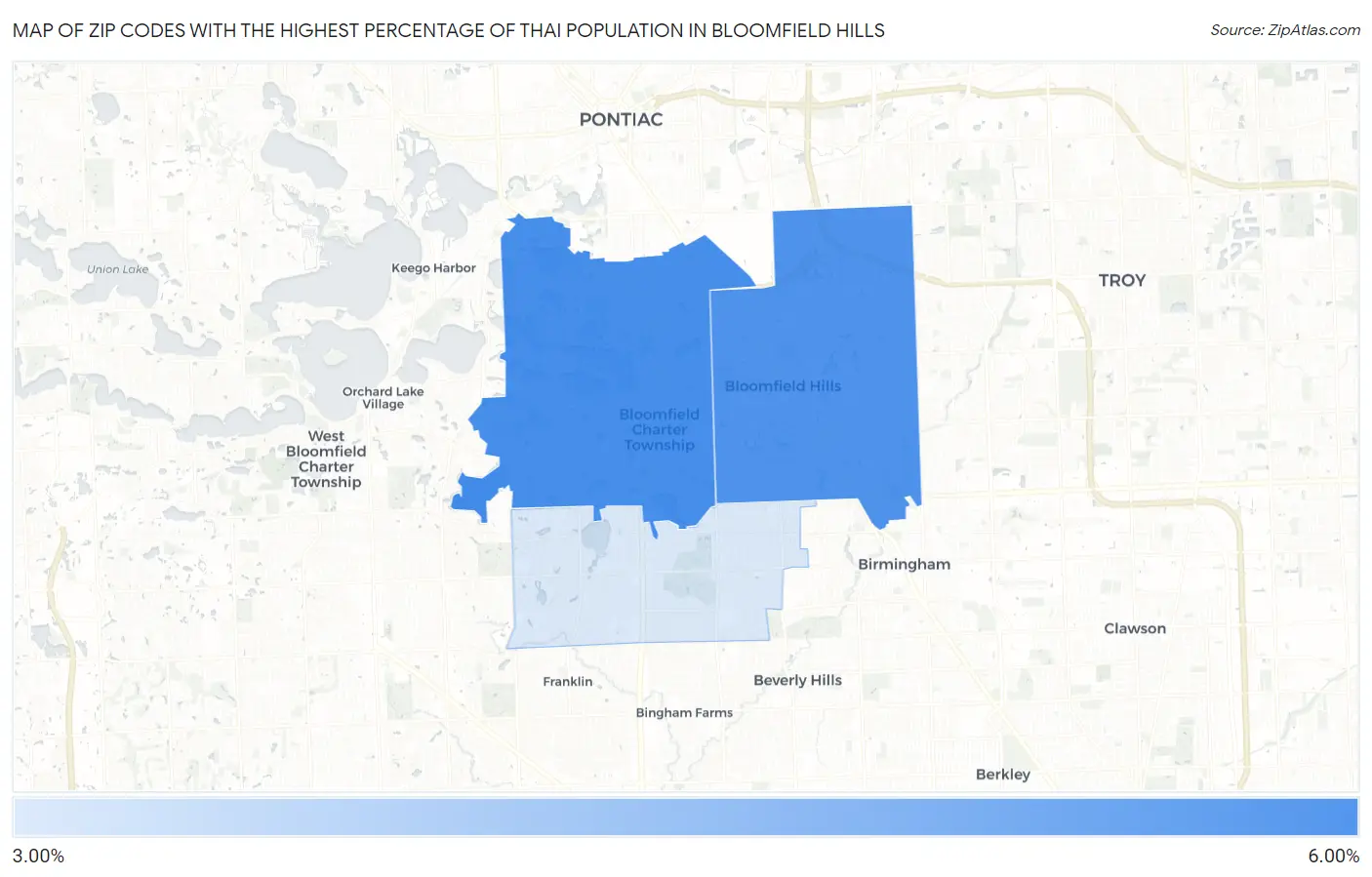 Zip Codes with the Highest Percentage of Thai Population in Bloomfield Hills Map