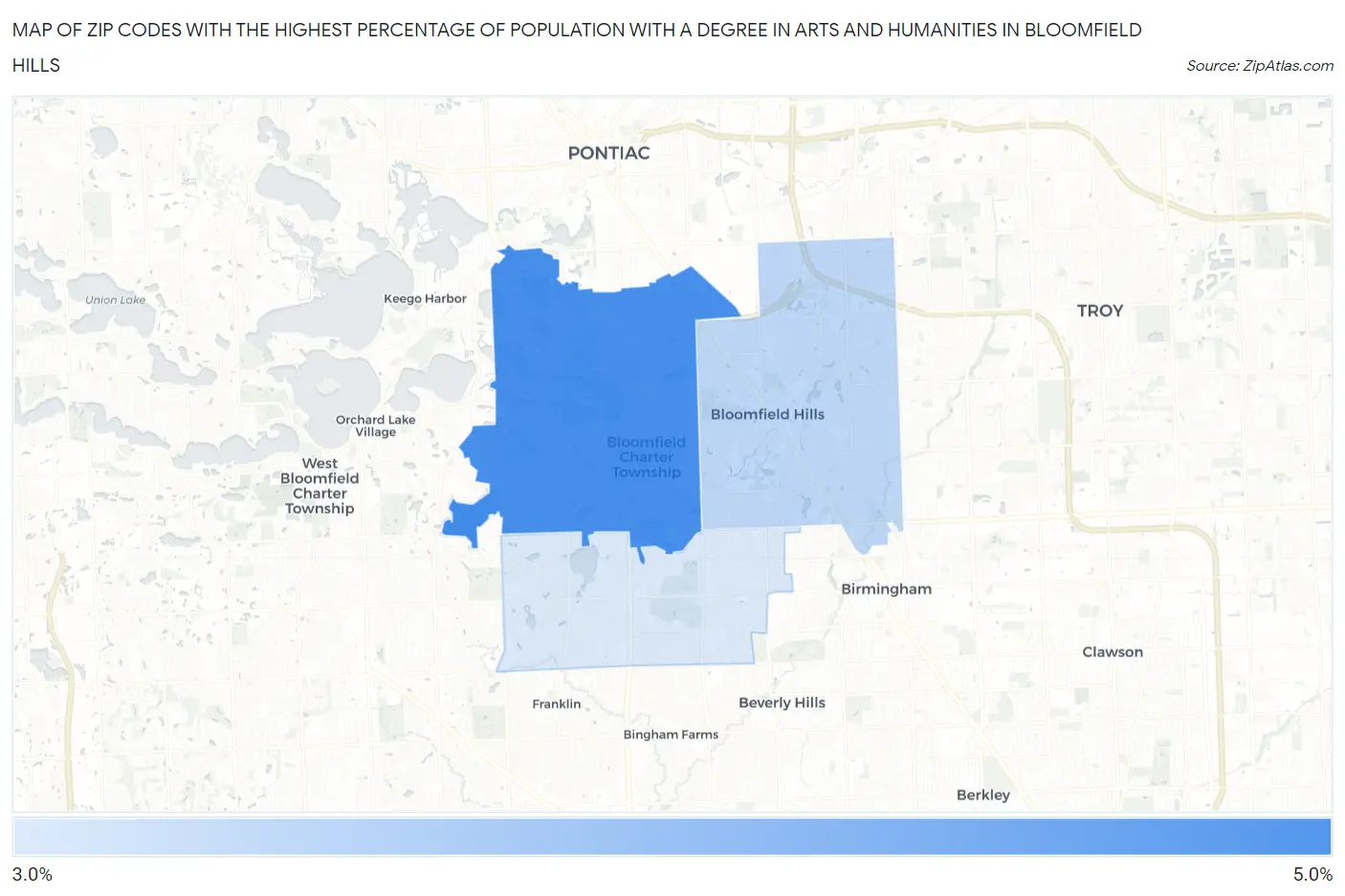 Zip Codes with the Highest Percentage of Population with a Degree in Arts and Humanities in Bloomfield Hills Map