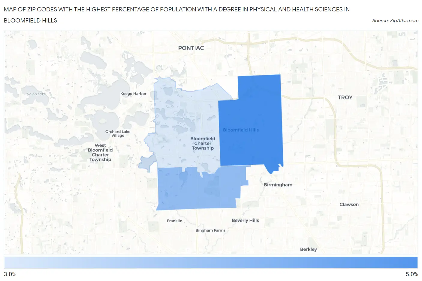 Zip Codes with the Highest Percentage of Population with a Degree in Physical and Health Sciences in Bloomfield Hills Map