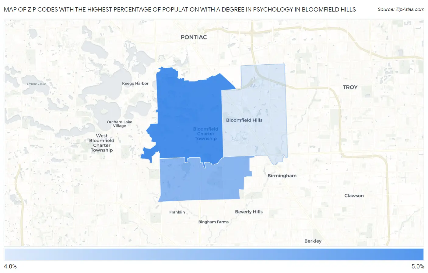 Zip Codes with the Highest Percentage of Population with a Degree in Psychology in Bloomfield Hills Map