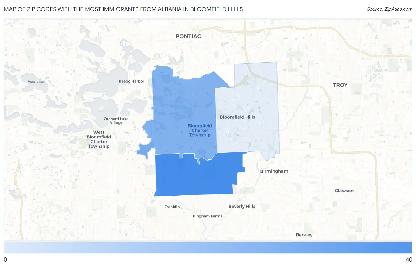 Zip Codes with the Most Immigrants from Albania in Bloomfield Hills Map