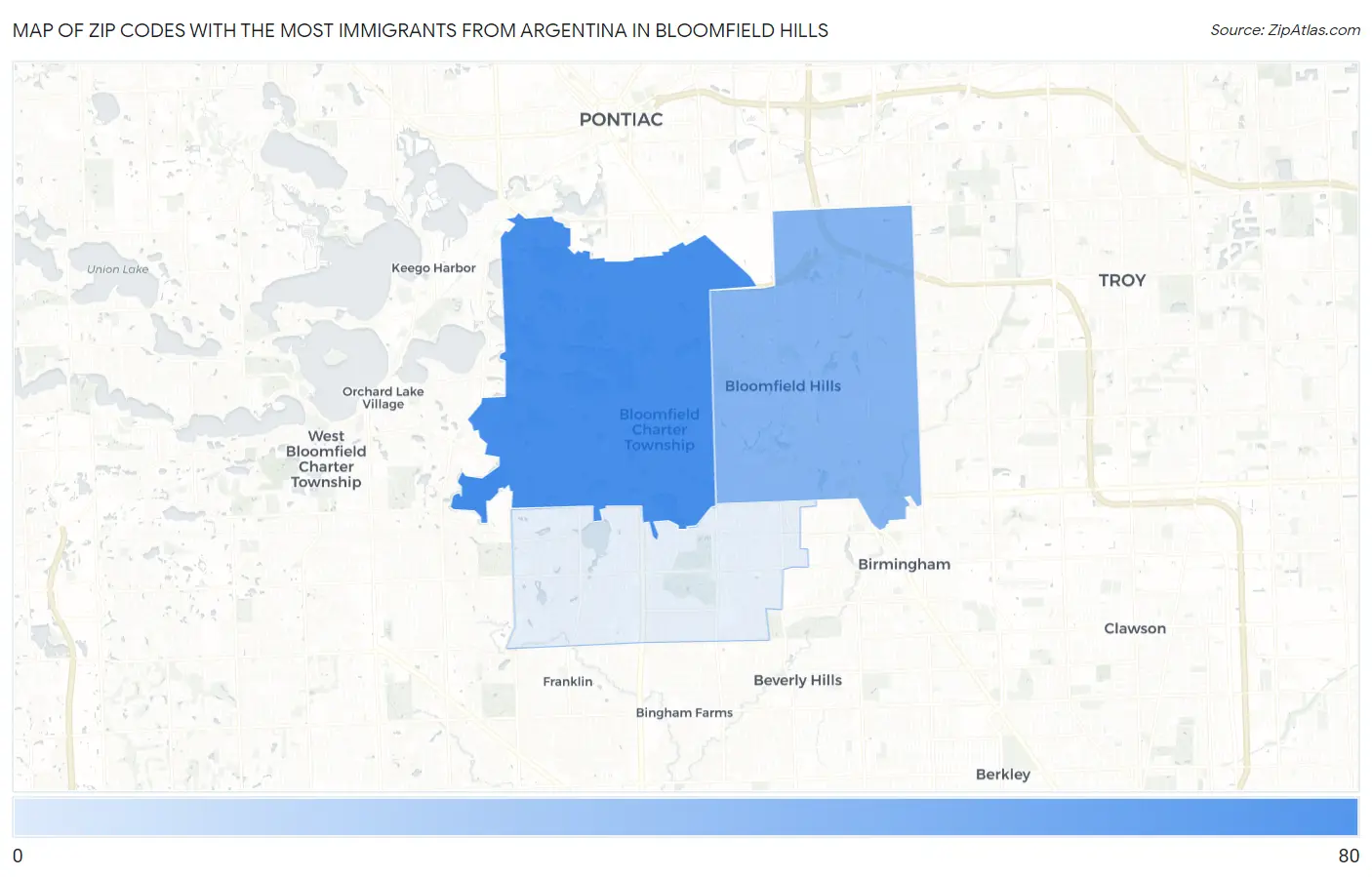 Zip Codes with the Most Immigrants from Argentina in Bloomfield Hills Map