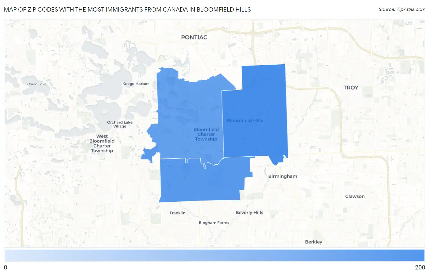 Zip Codes with the Most Immigrants from Canada in Bloomfield Hills Map