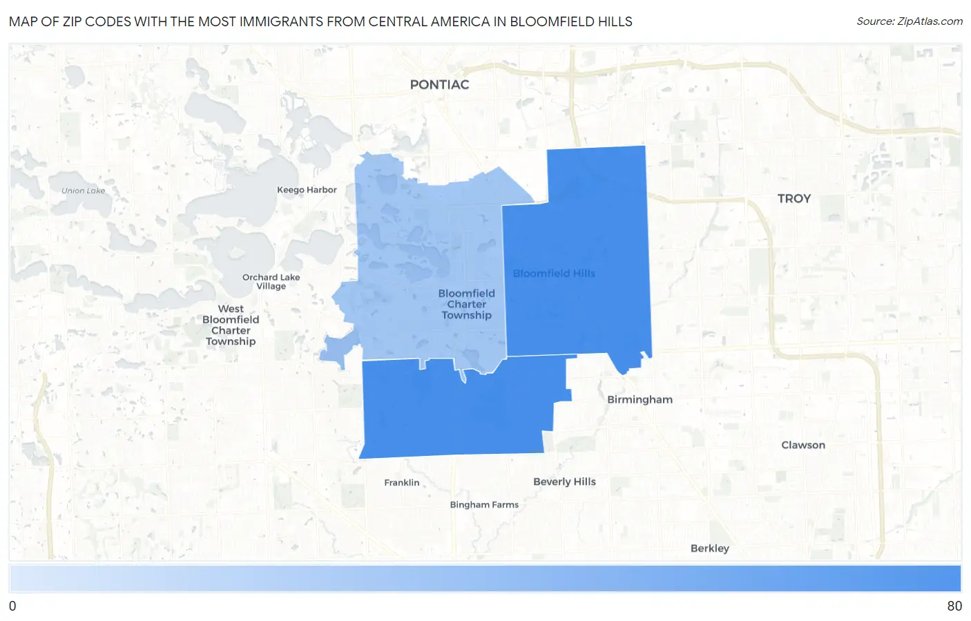 Zip Codes with the Most Immigrants from Central America in Bloomfield Hills Map