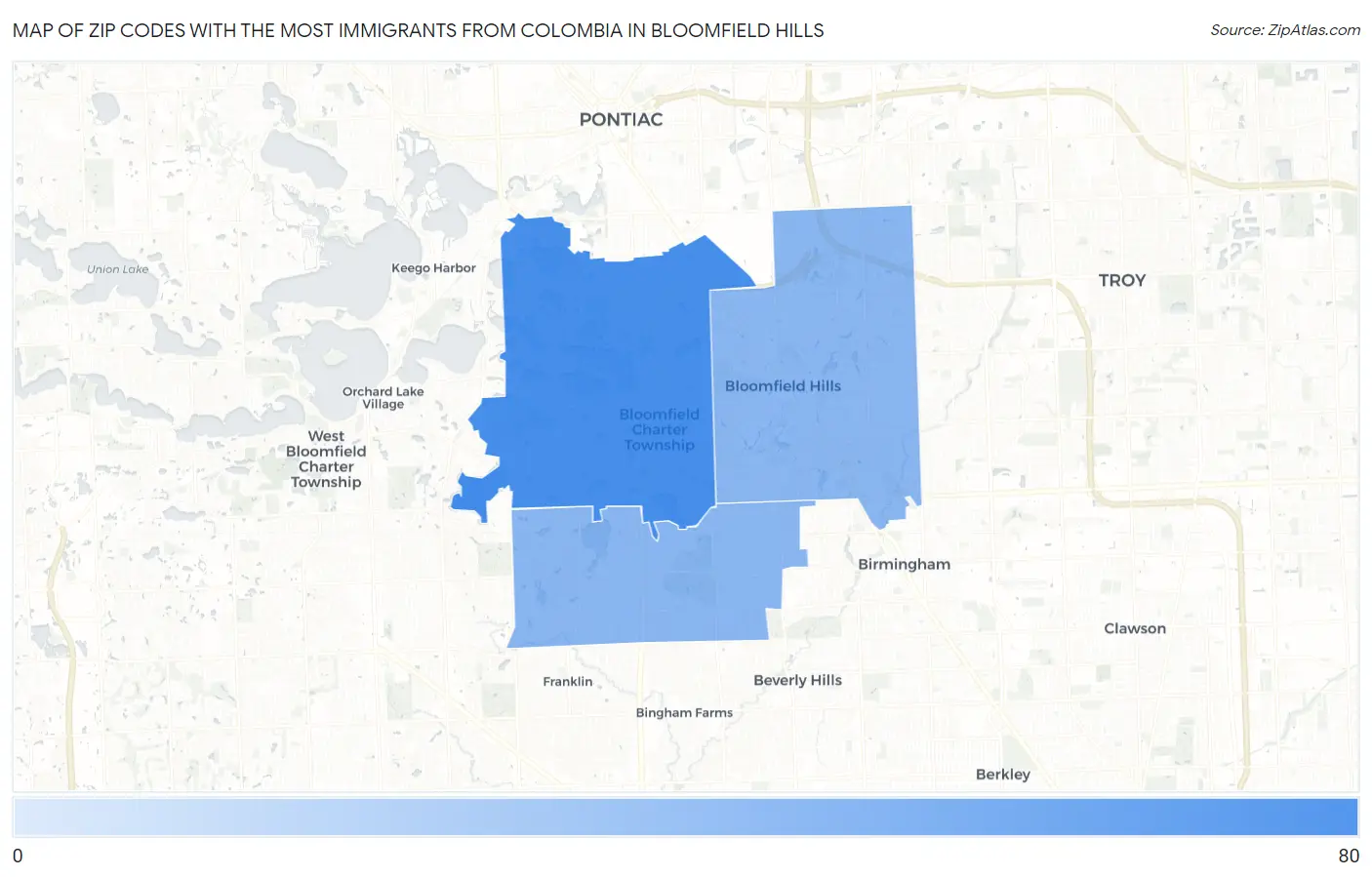 Zip Codes with the Most Immigrants from Colombia in Bloomfield Hills Map