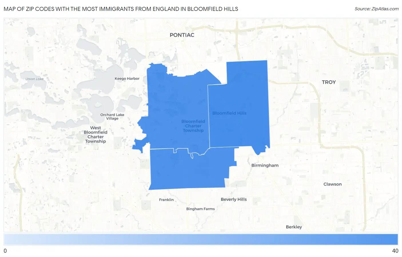 Zip Codes with the Most Immigrants from England in Bloomfield Hills Map