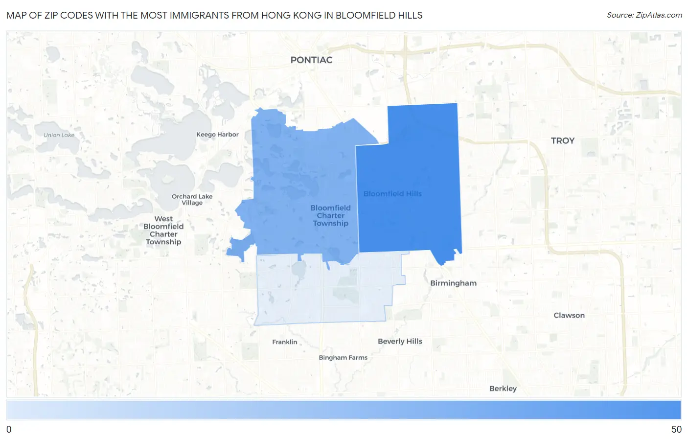 Zip Codes with the Most Immigrants from Hong Kong in Bloomfield Hills Map