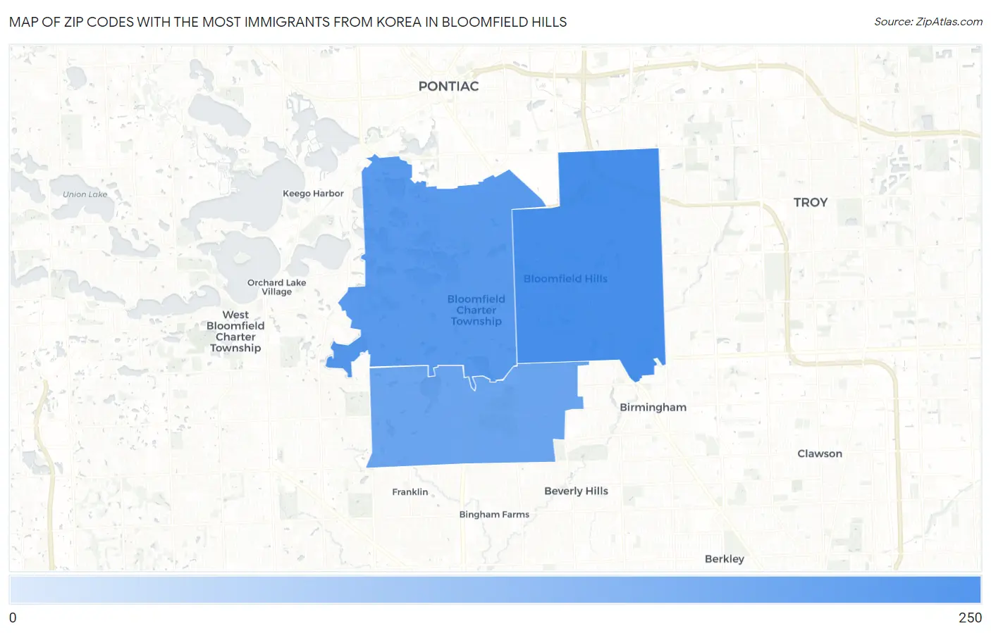 Zip Codes with the Most Immigrants from Korea in Bloomfield Hills Map