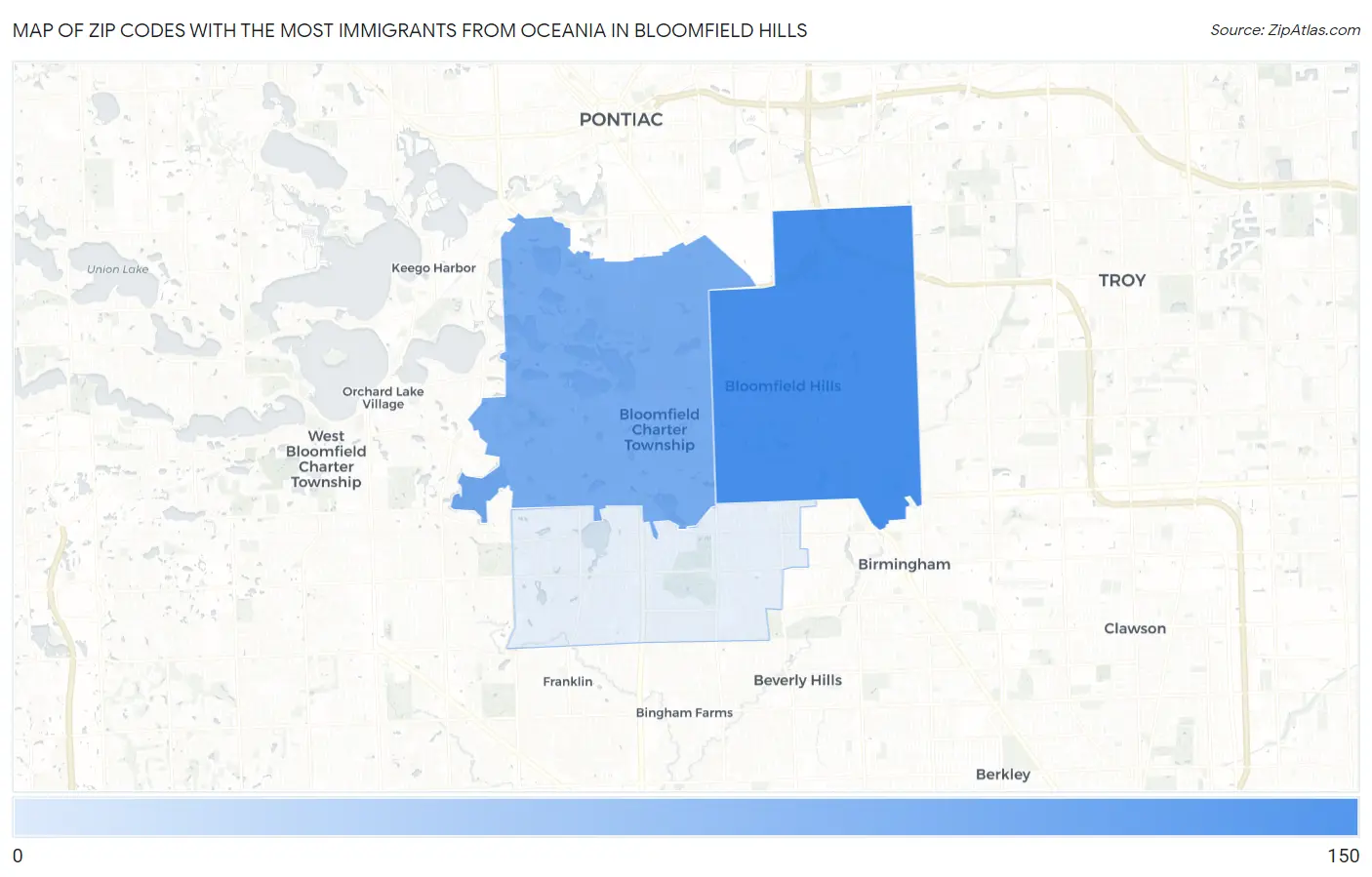 Zip Codes with the Most Immigrants from Oceania in Bloomfield Hills Map