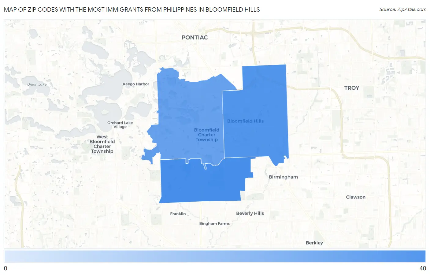 Zip Codes with the Most Immigrants from Philippines in Bloomfield Hills Map