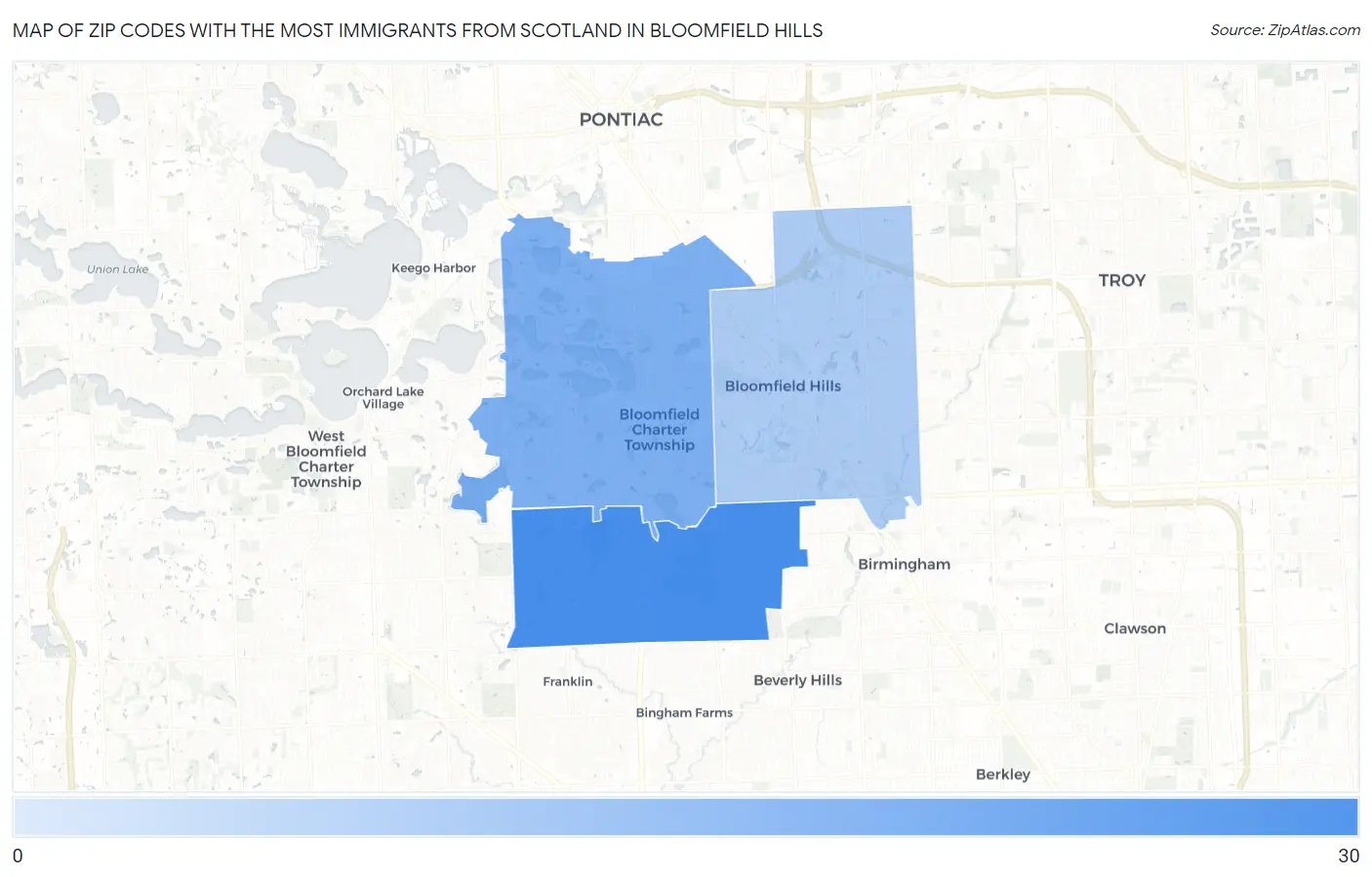 Zip Codes with the Most Immigrants from Scotland in Bloomfield Hills Map