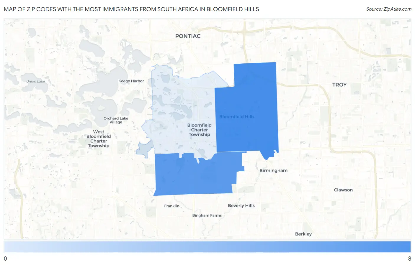 Zip Codes with the Most Immigrants from South Africa in Bloomfield Hills Map