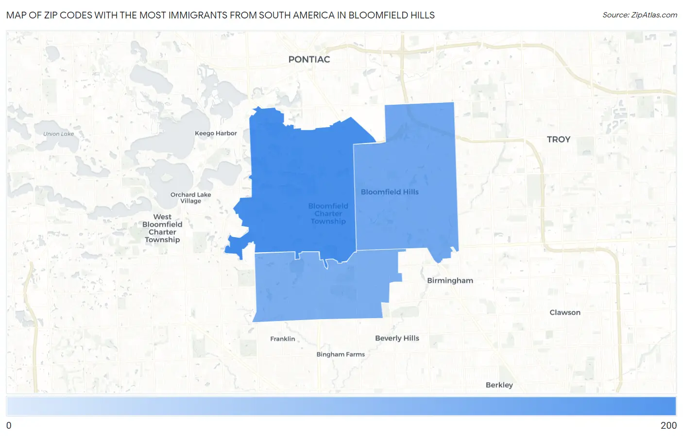 Zip Codes with the Most Immigrants from South America in Bloomfield Hills Map