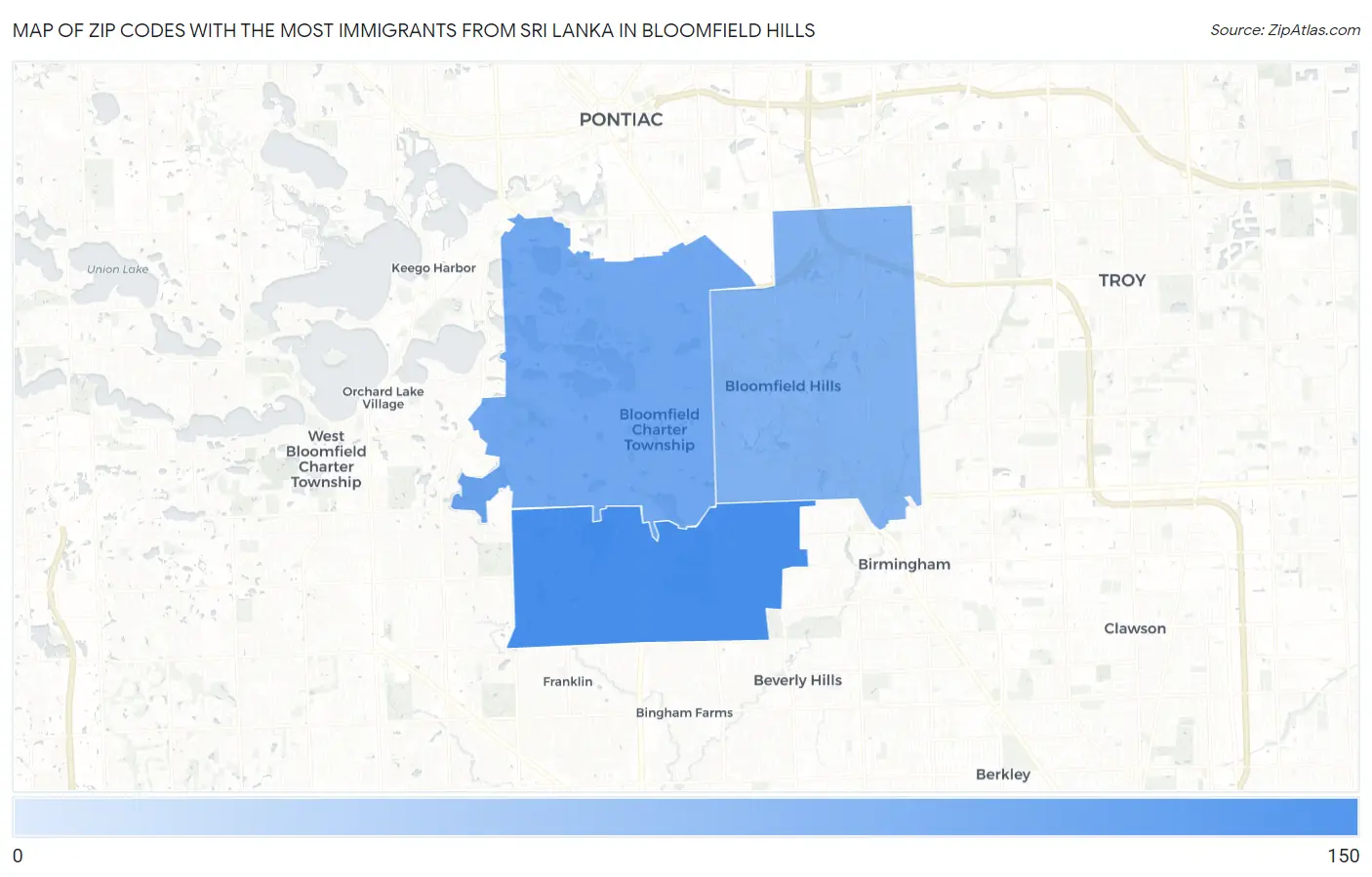 Zip Codes with the Most Immigrants from Sri Lanka in Bloomfield Hills Map