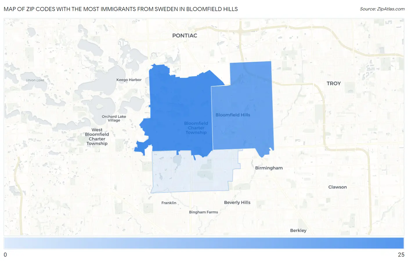 Zip Codes with the Most Immigrants from Sweden in Bloomfield Hills Map