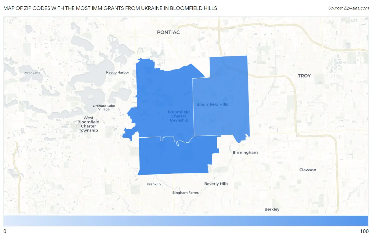 Zip Codes with the Most Immigrants from Ukraine in Bloomfield Hills Map
