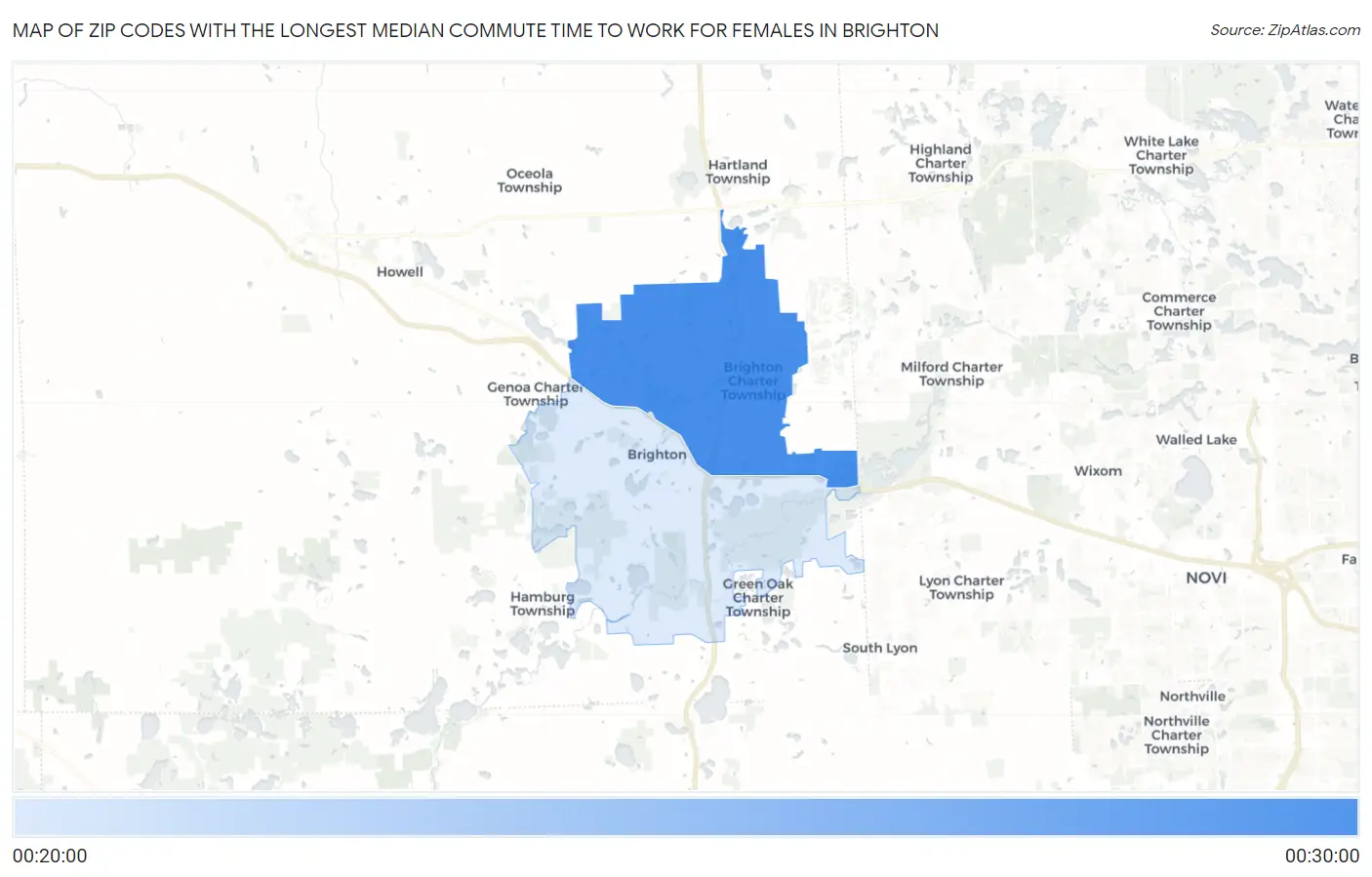 Zip Codes with the Longest Median Commute Time to Work for Females in Brighton Map