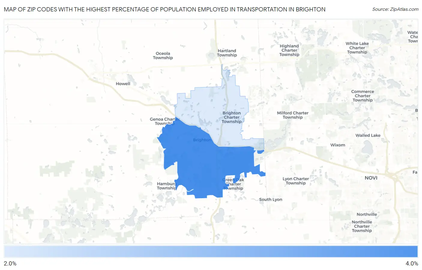 Zip Codes with the Highest Percentage of Population Employed in Transportation in Brighton Map