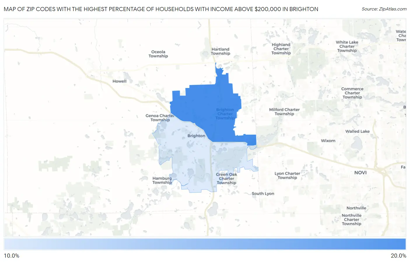 Zip Codes with the Highest Percentage of Households with Income Above $200,000 in Brighton Map
