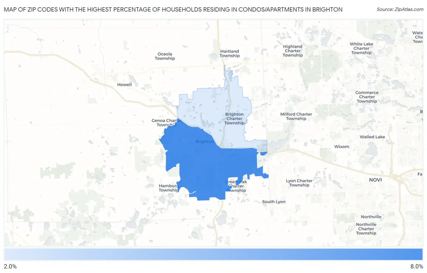 Zip Codes with the Highest Percentage of Households Residing in Condos/Apartments in Brighton Map