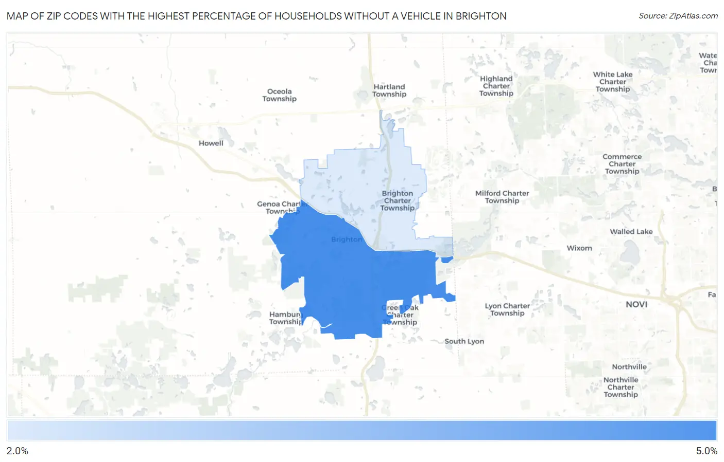 Zip Codes with the Highest Percentage of Households Without a Vehicle in Brighton Map