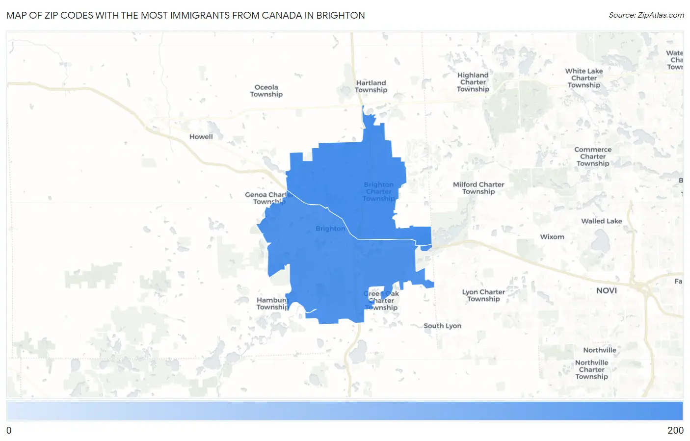 Zip Codes with the Most Immigrants from Canada in Brighton Map