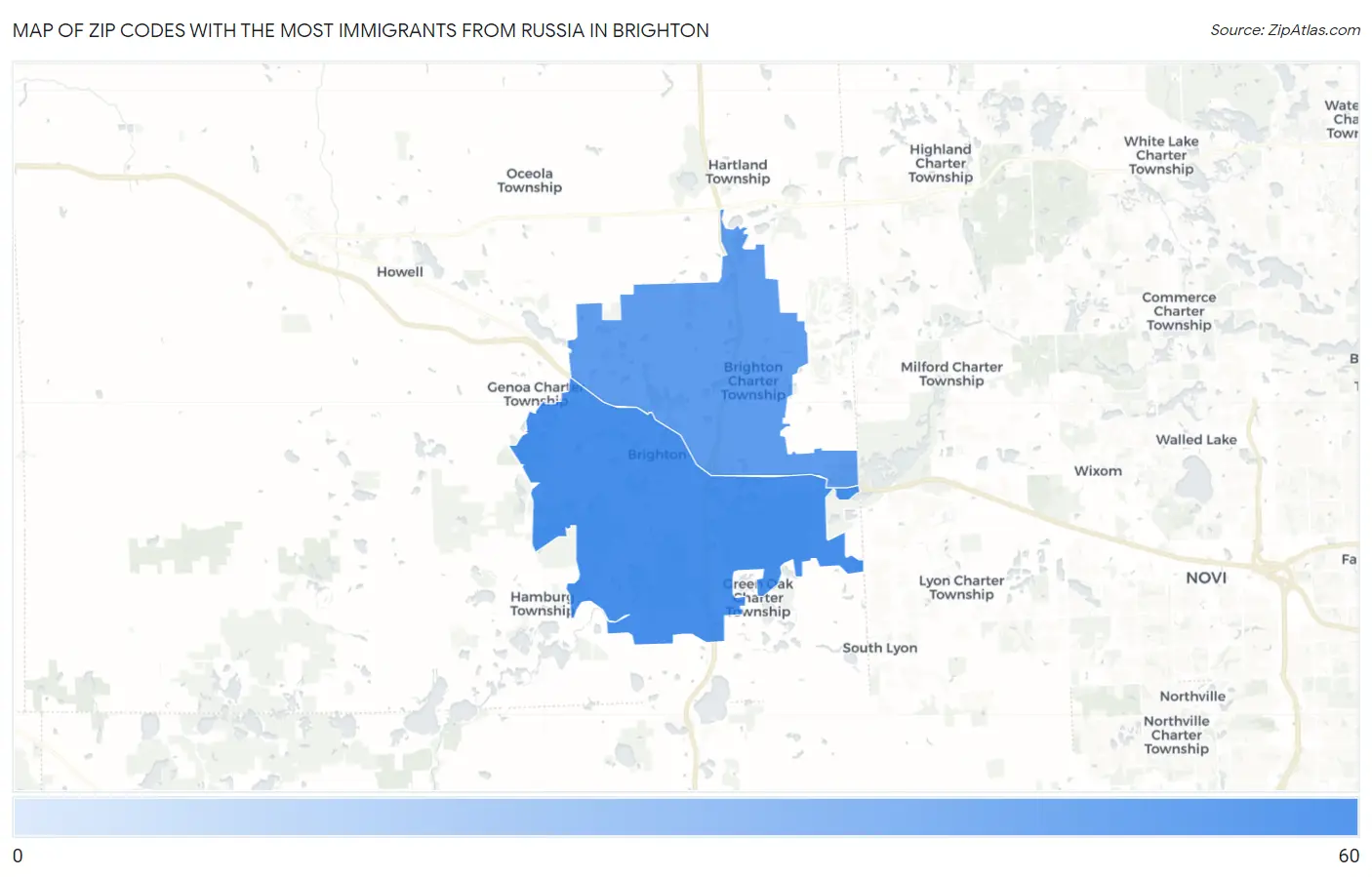 Zip Codes with the Most Immigrants from Russia in Brighton Map