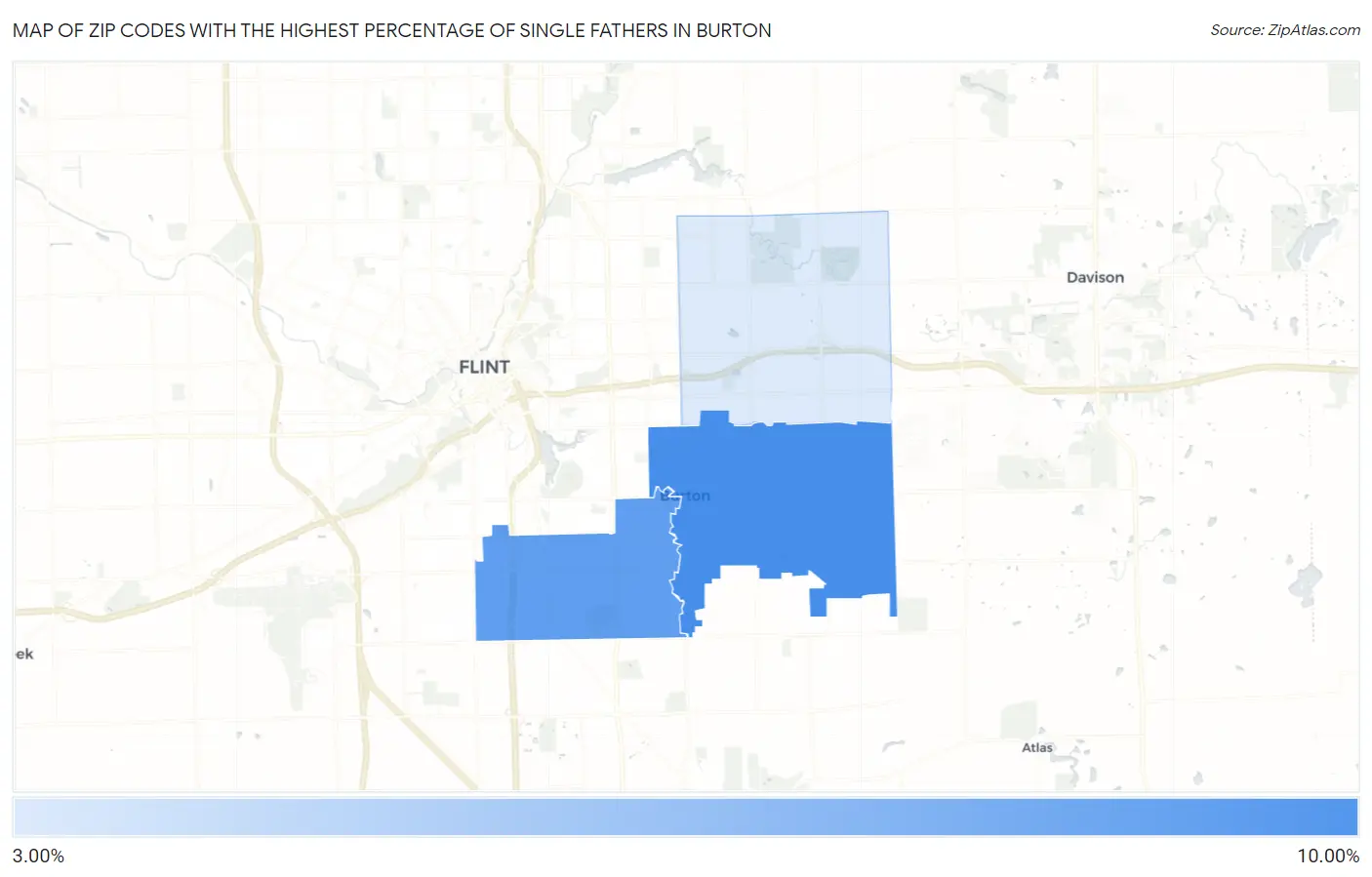 Zip Codes with the Highest Percentage of Single Fathers in Burton Map
