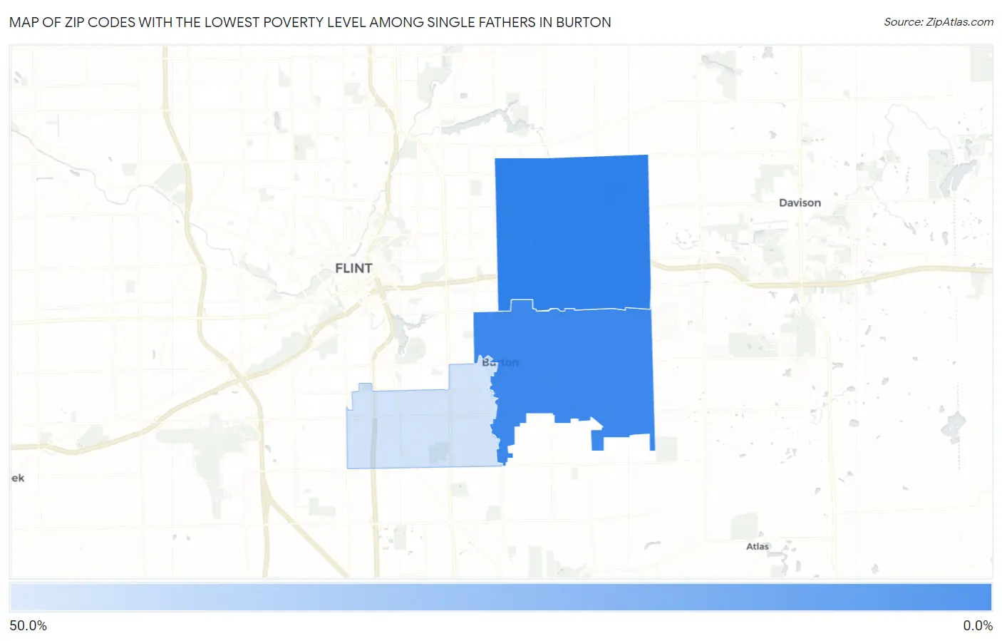 Zip Codes with the Lowest Poverty Level Among Single Fathers in Burton Map