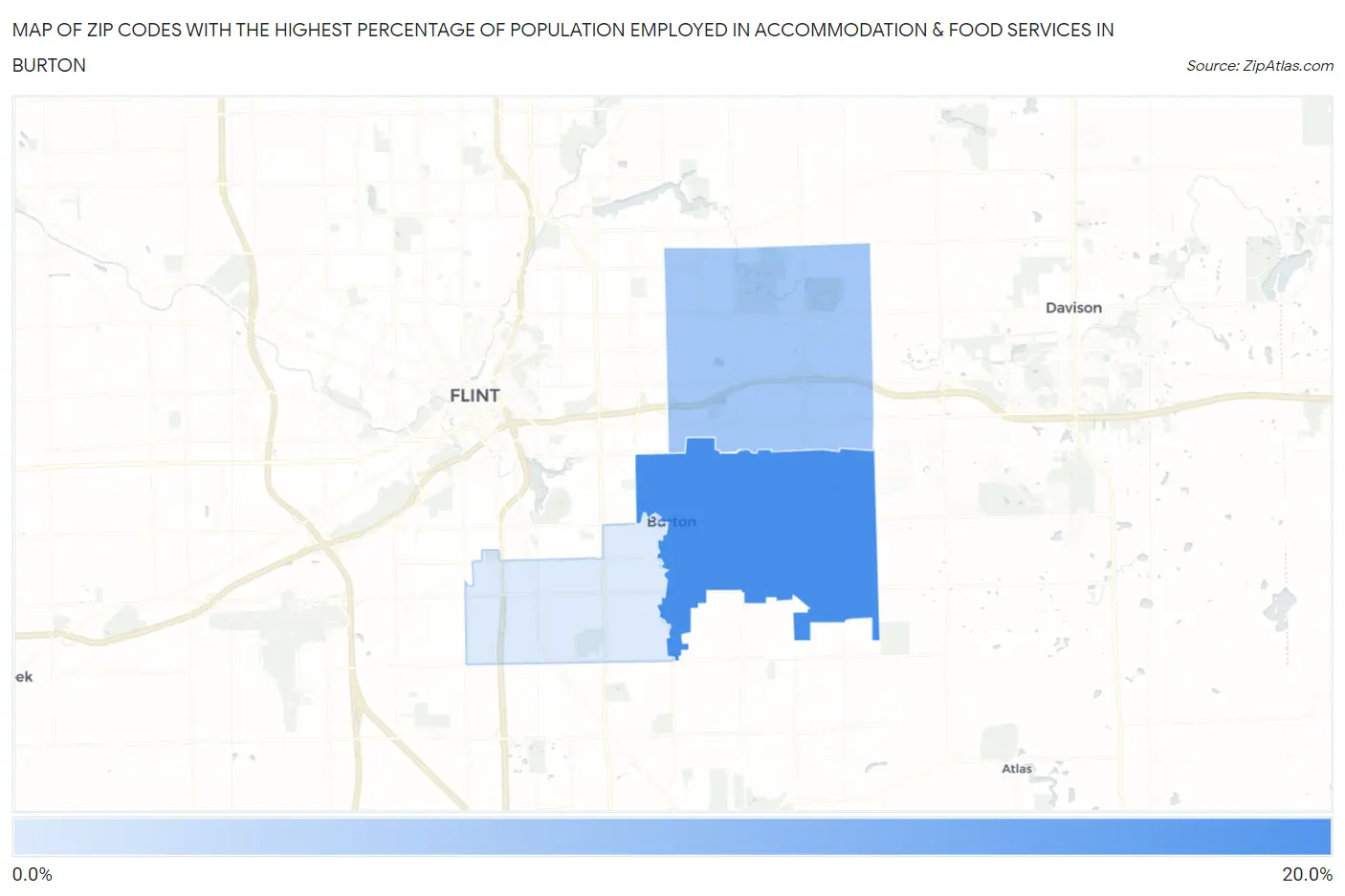 Zip Codes with the Highest Percentage of Population Employed in Accommodation & Food Services in Burton Map