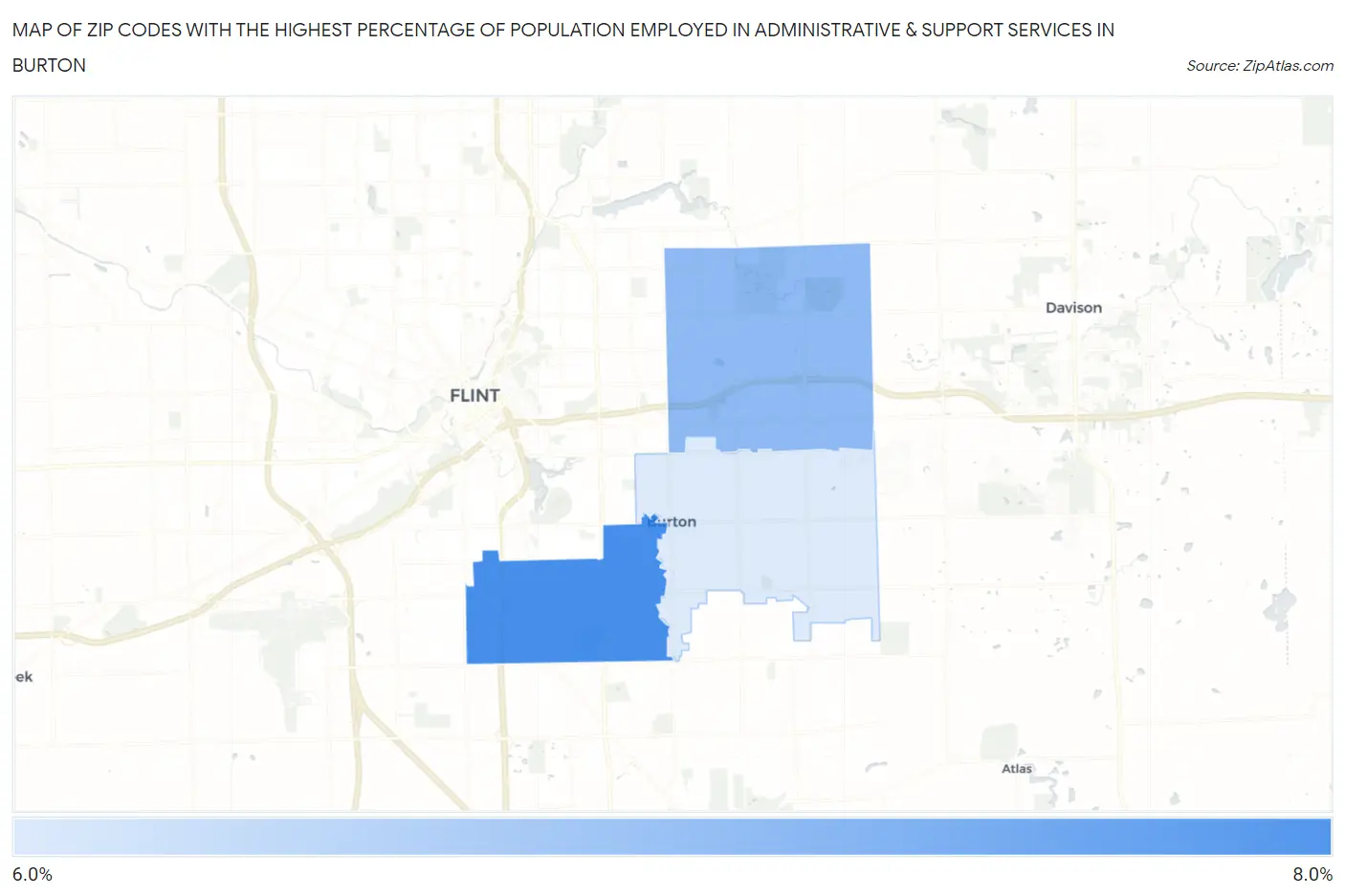Zip Codes with the Highest Percentage of Population Employed in Administrative & Support Services in Burton Map