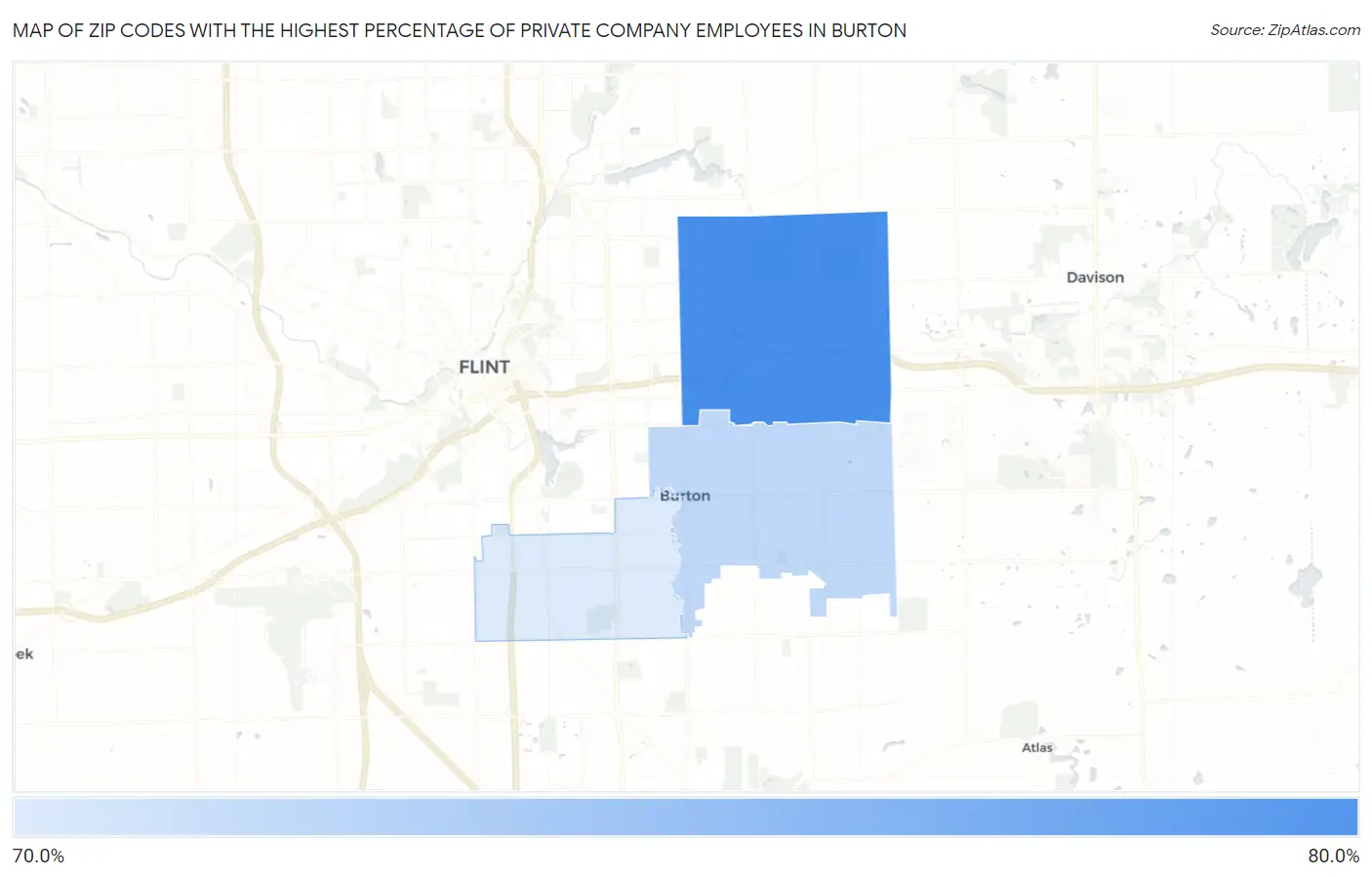 Zip Codes with the Highest Percentage of Private Company Employees in Burton Map
