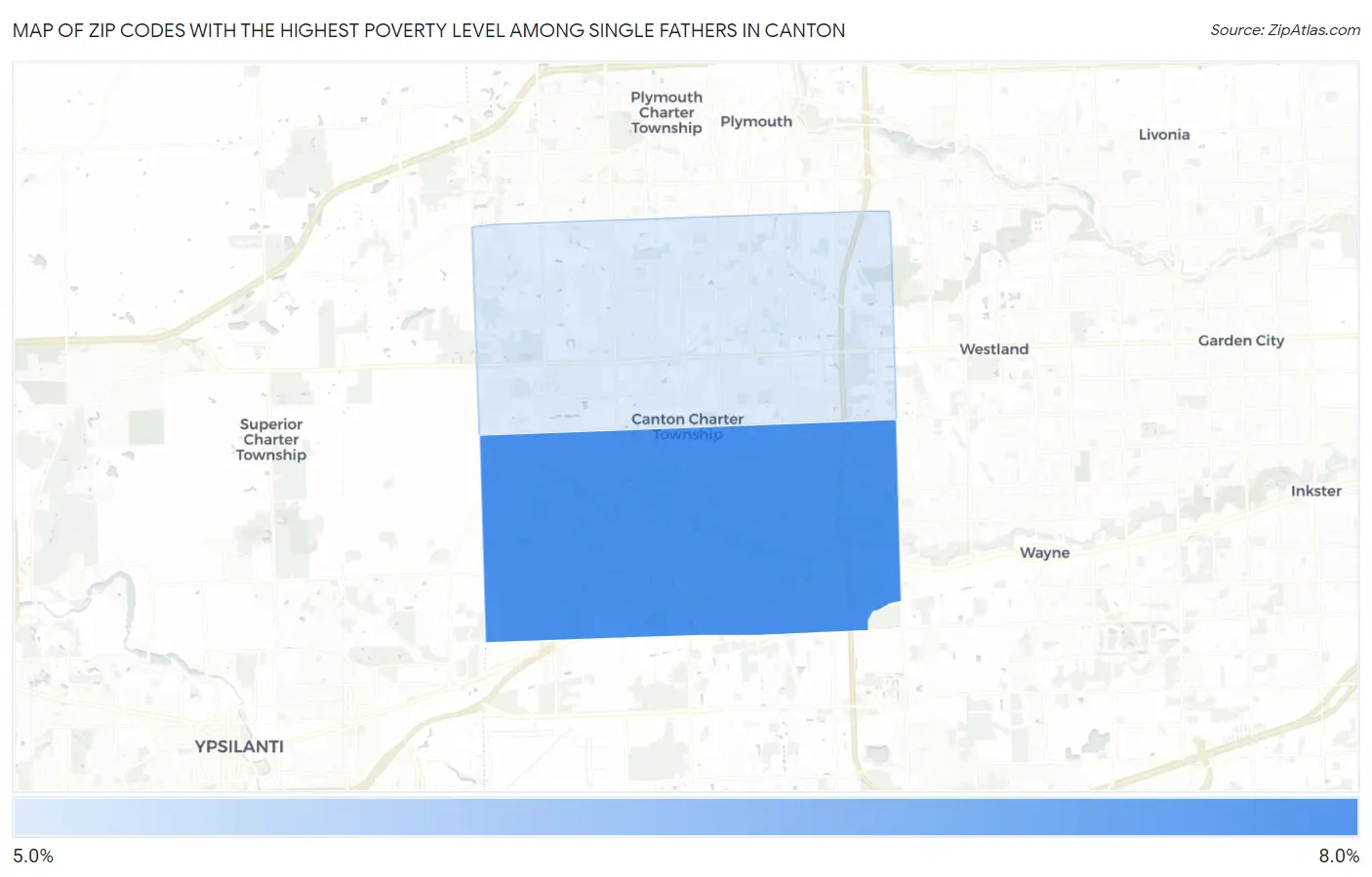 Zip Codes with the Highest Poverty Level Among Single Fathers in Canton Map
