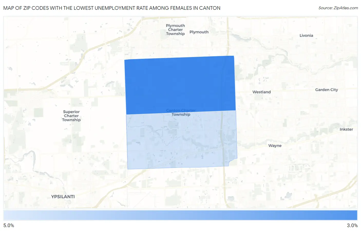 Zip Codes with the Lowest Unemployment Rate Among Females in Canton Map