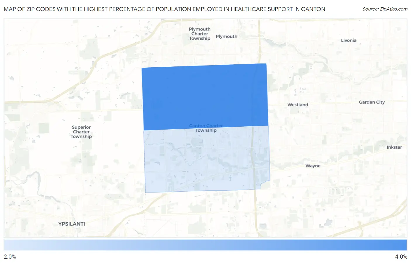 Zip Codes with the Highest Percentage of Population Employed in Healthcare Support in Canton Map