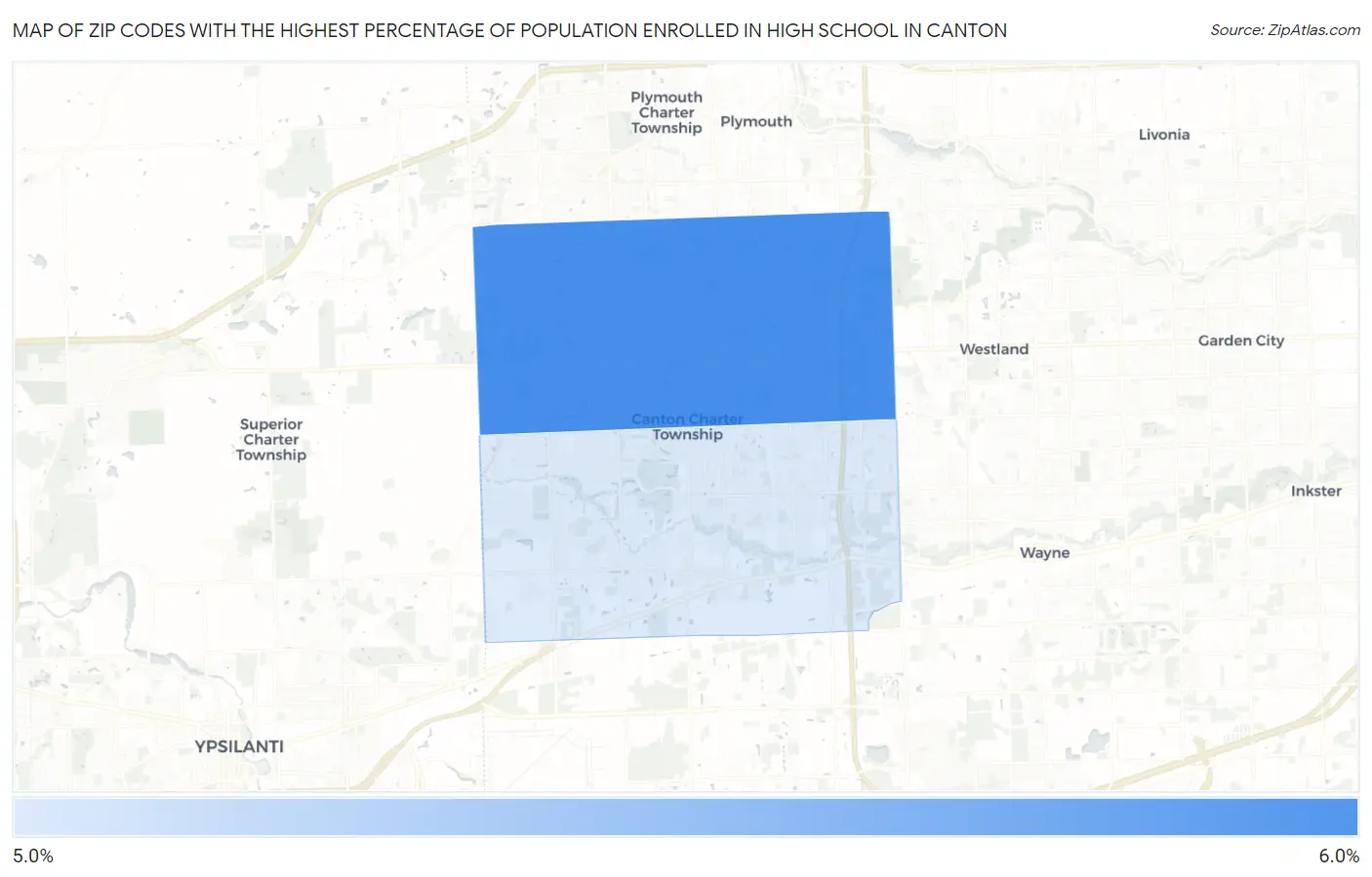 Zip Codes with the Highest Percentage of Population Enrolled in High School in Canton Map