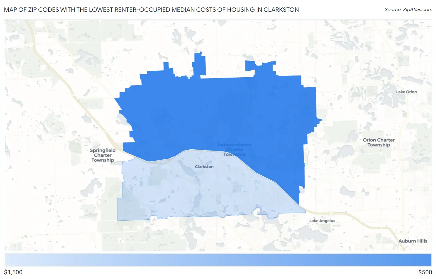 Zip Codes with the Lowest Renter-Occupied Median Costs of Housing in Clarkston Map
