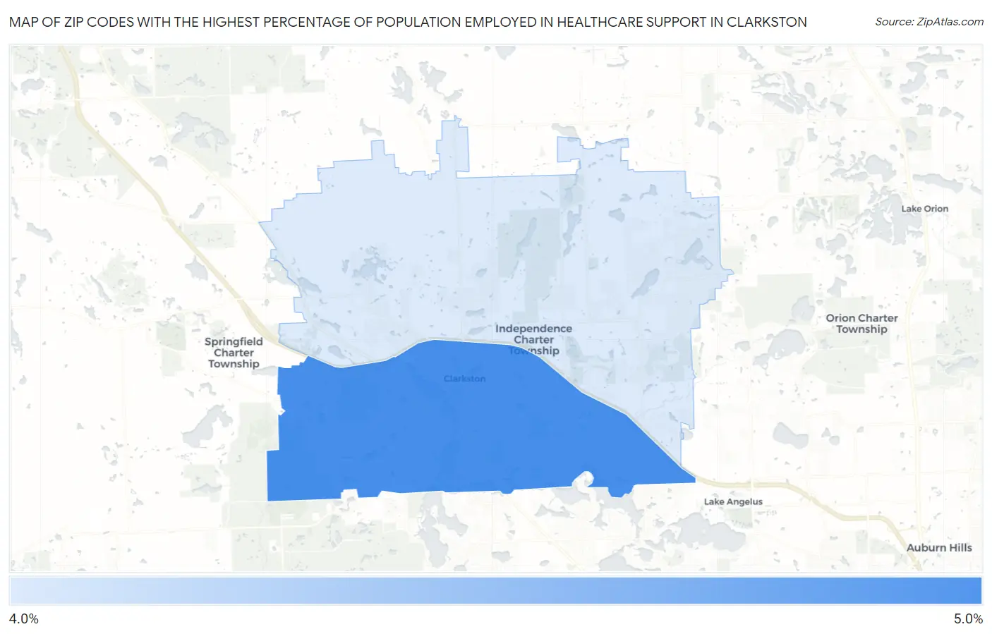 Zip Codes with the Highest Percentage of Population Employed in Healthcare Support in Clarkston Map