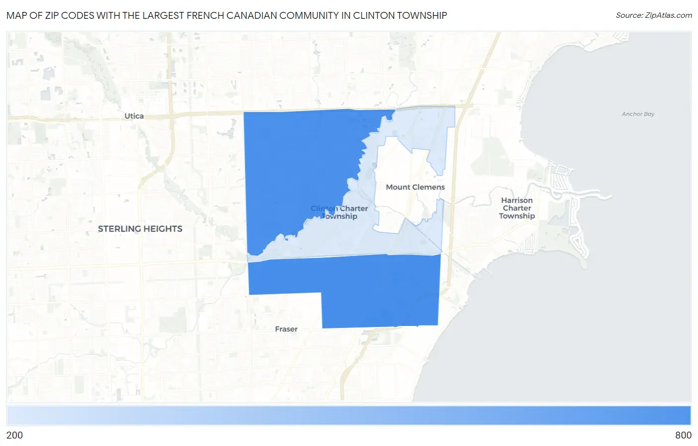 Zip Codes with the Largest French Canadian Community in Clinton Township Map