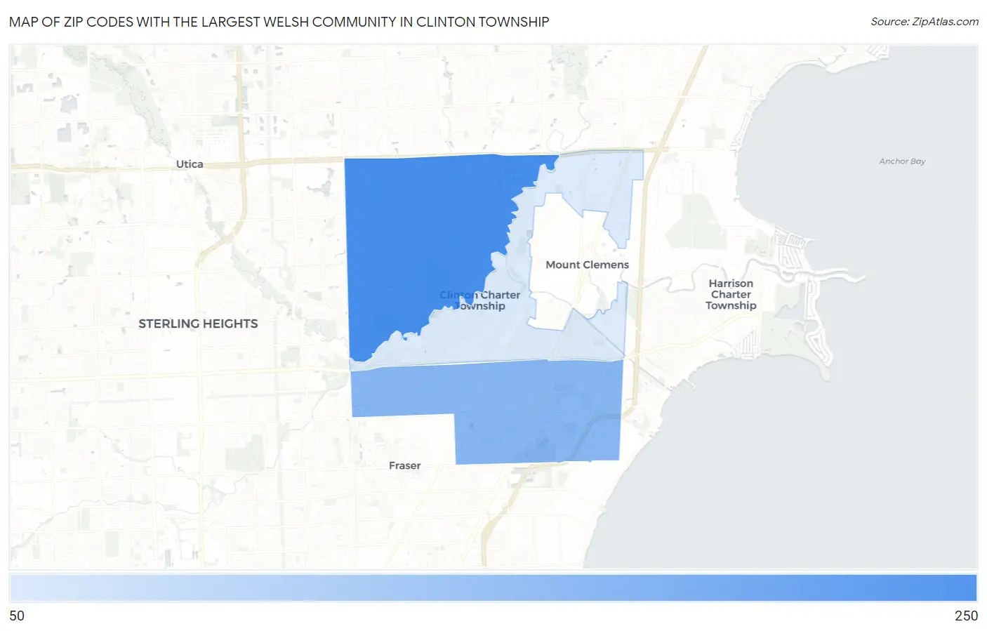 Zip Codes with the Largest Welsh Community in Clinton Township Map